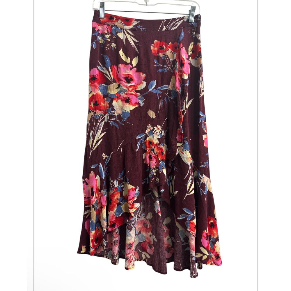 Burgundy xhilaration Asymmetrical Ruffled Floral Midi Skirt Women’s Size Small